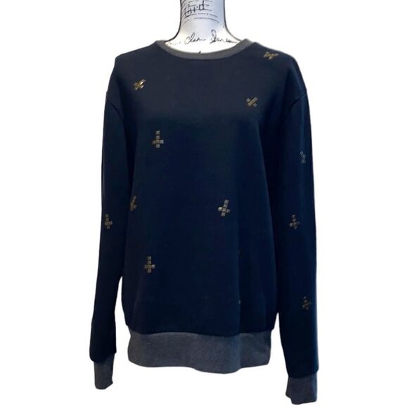 Urban Outfitters The Narrows Metal Stud Crosses Black & Gray Ringer Sweatshirt - Picture 1 of 9